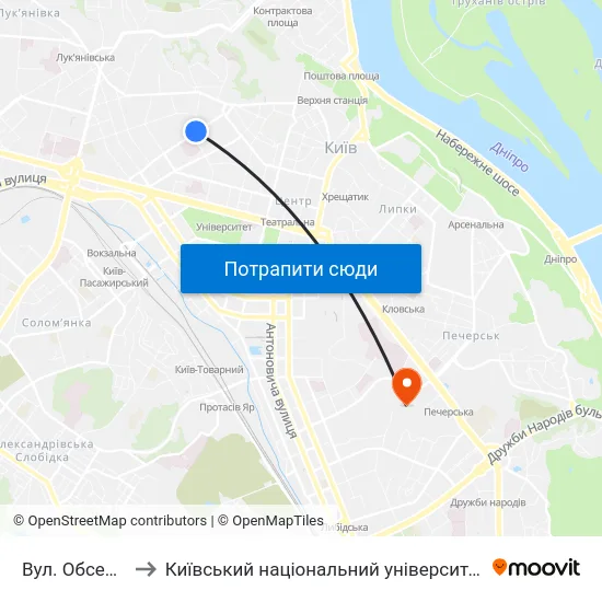 Вул. Обсерваторна to Київський національний університет культури і мистецтв map