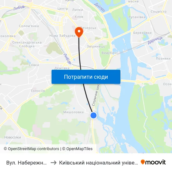 Вул. Набережно-Корчуватська to Київський національний університет культури і мистецтв map