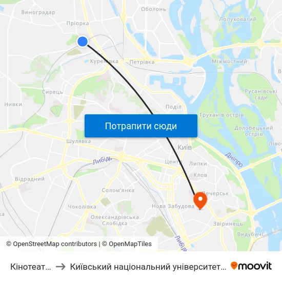 Кінотеатр Кадр to Київський національний університет культури і мистецтв map