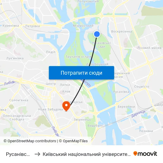 Русанівські Сади to Київський національний університет культури і мистецтв map
