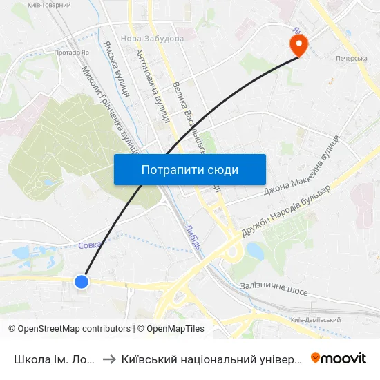 Школа Ім. Лобановського to Київський національний університет культури і мистецтв map