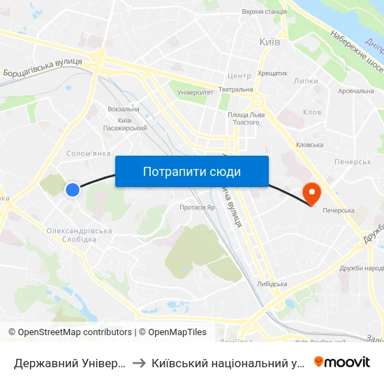Державний Університет Телекомунікацій to Київський національний університет культури і мистецтв map