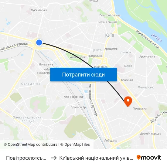 Повітрофлотський Шляхопровід to Київський національний університет культури і мистецтв map