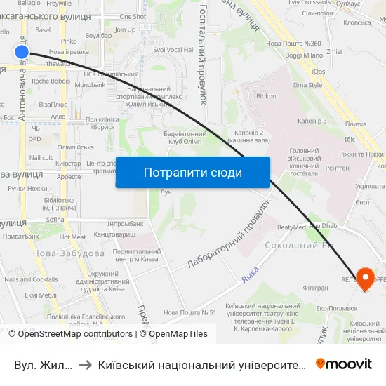 Вул. Жилянська to Київський національний університет культури і мистецтв map