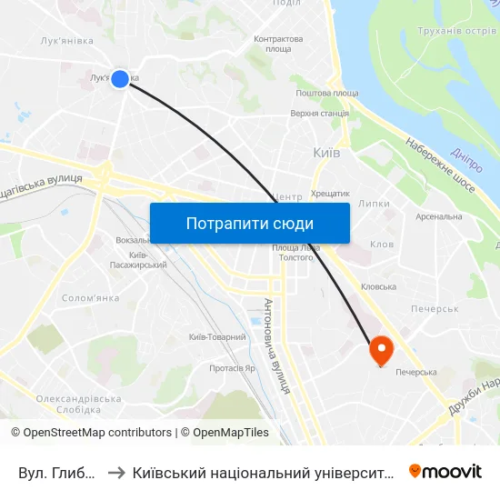 Вул. Глибочицька to Київський національний університет культури і мистецтв map