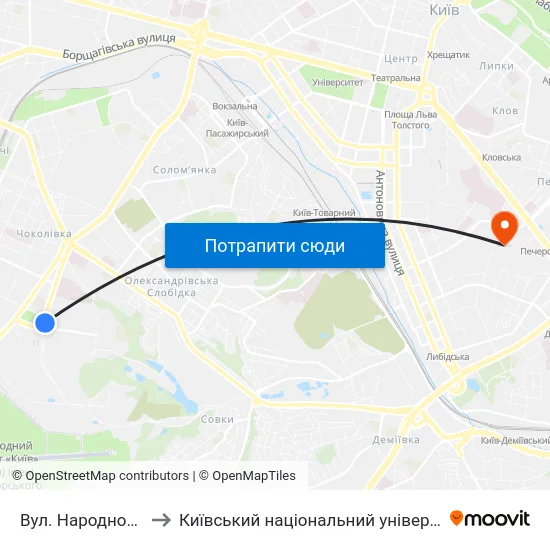 Вул. Народного Ополчення to Київський національний університет культури і мистецтв map