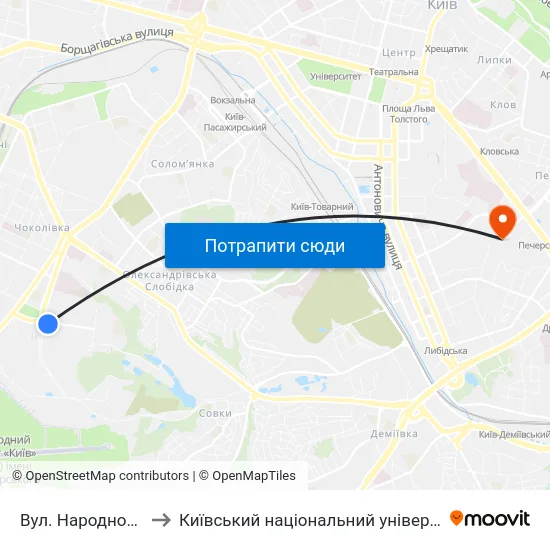 Вул. Народного Ополчення to Київський національний університет культури і мистецтв map