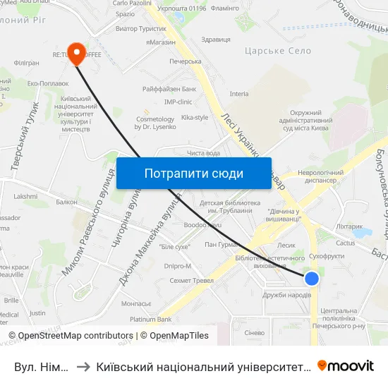 Вул. Німанська to Київський національний університет культури і мистецтв map