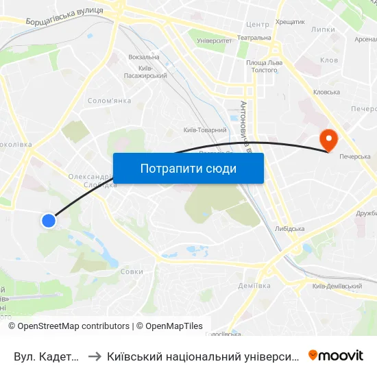 Вул. Кадетський Гай to Київський національний університет культури і мистецтв map