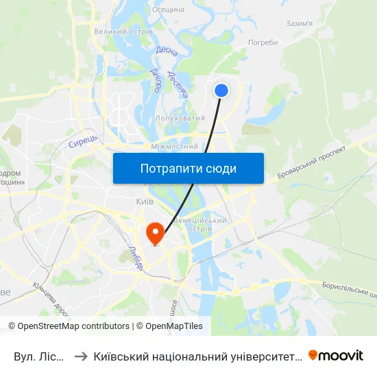 Вул. Лісківська to Київський національний університет культури і мистецтв map
