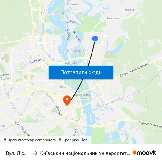 Вул. Лісківська to Київський національний університет культури і мистецтв map