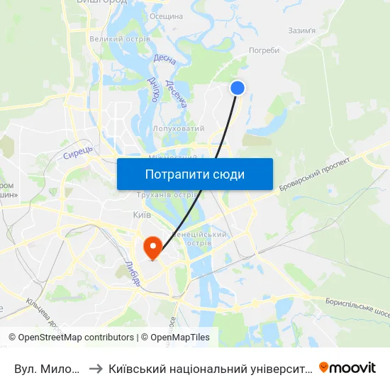 Вул. Милославська to Київський національний університет культури і мистецтв map