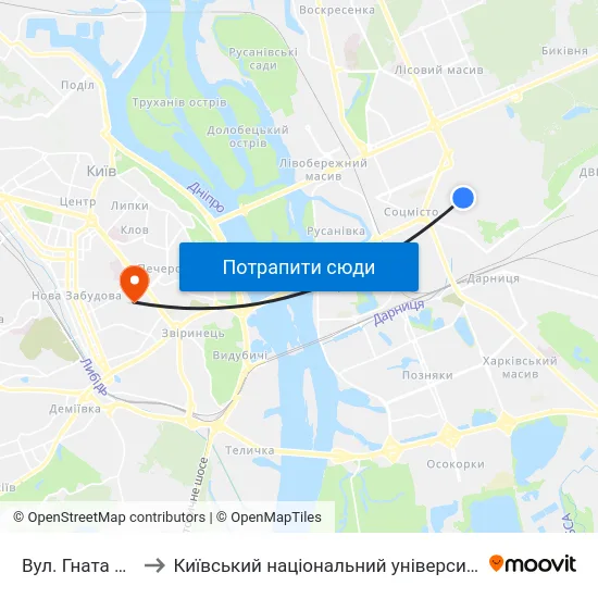 Вул. Гната Хоткевича to Київський національний університет культури і мистецтв map