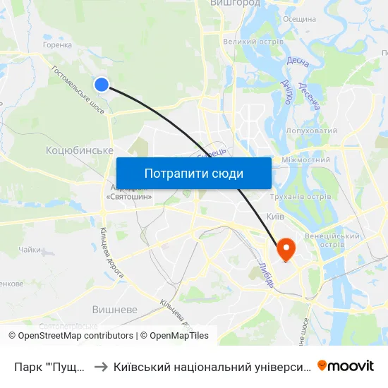 Парк ""Пуща-Водиця"" to Київський національний університет культури і мистецтв map
