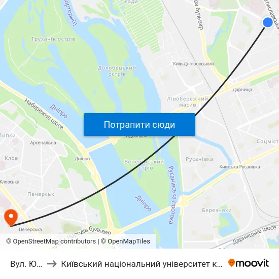 Вул. Юності to Київський національний університет культури і мистецтв map