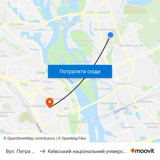 Вул. Петра Запорожця to Київський національний університет культури і мистецтв map