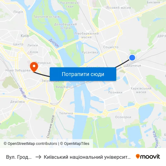 Вул. Гродненська to Київський національний університет культури і мистецтв map