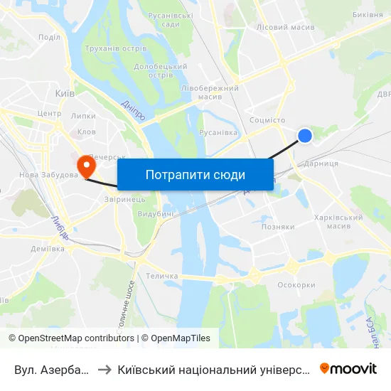 Вул. Азербайджанська to Київський національний університет культури і мистецтв map