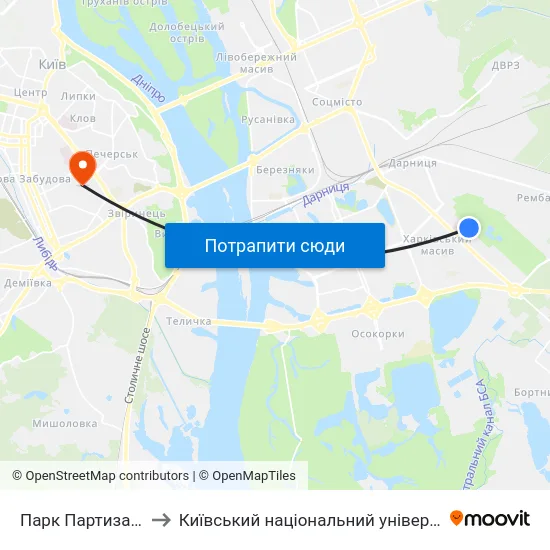 Парк Партизанської Слави to Київський національний університет культури і мистецтв map