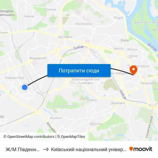 Ж/М Південна Борщагівка to Київський національний університет культури і мистецтв map