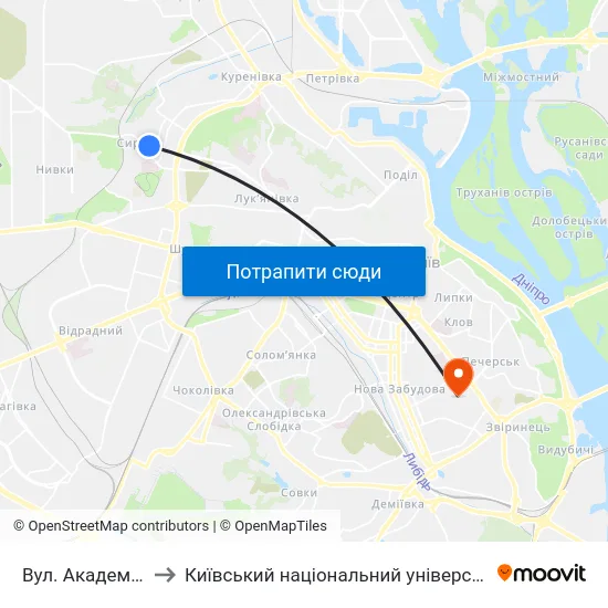 Вул. Академіка Щусєва to Київський національний університет культури і мистецтв map