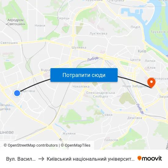 Вул. Василя Кучера to Київський національний університет культури і мистецтв map