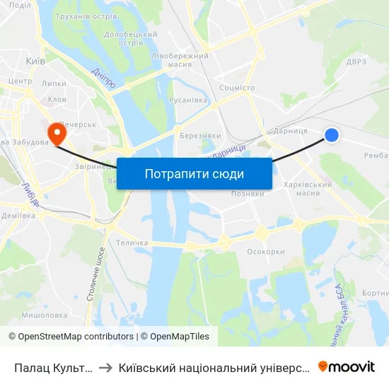 Палац Культури Дніпро to Київський національний університет культури і мистецтв map