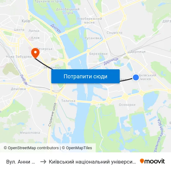 Вул. Анни Ахматової to Київський національний університет культури і мистецтв map