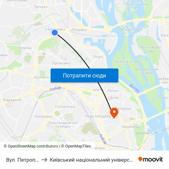 Вул. Петропавлівська to Київський національний університет культури і мистецтв map