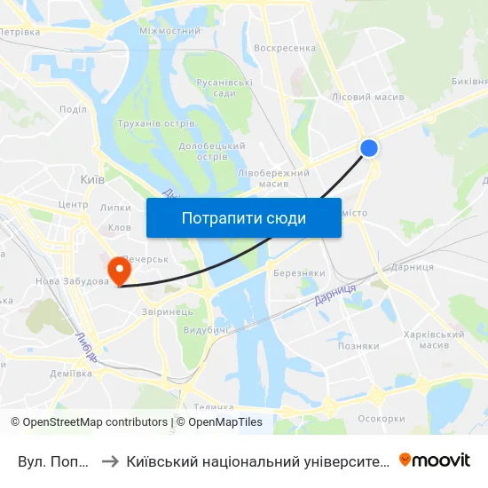 Вул. Попудренка to Київський національний університет культури і мистецтв map