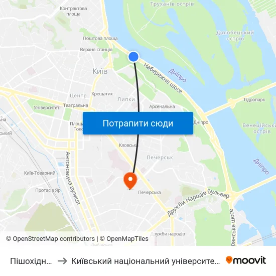 Пішохідний Міст to Київський національний університет культури і мистецтв map