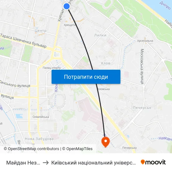 Майдан Незалежності to Київський національний університет культури і мистецтв map