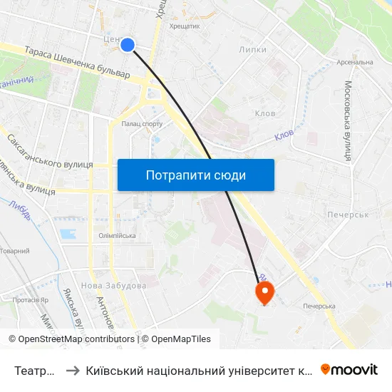 Театральна to Київський національний університет культури і мистецтв map
