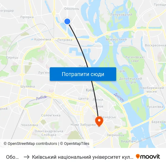 Оболонь to Київський національний університет культури і мистецтв map