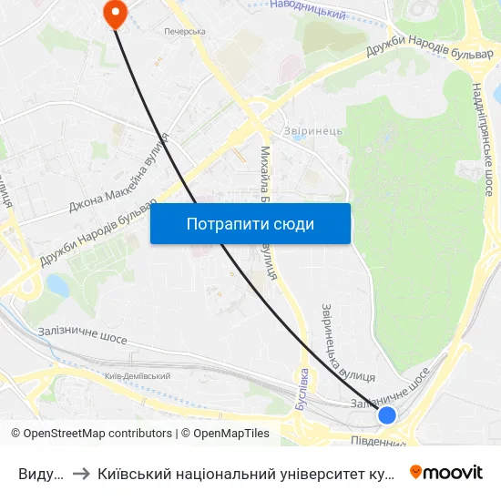 Видубичі to Київський національний університет культури і мистецтв map