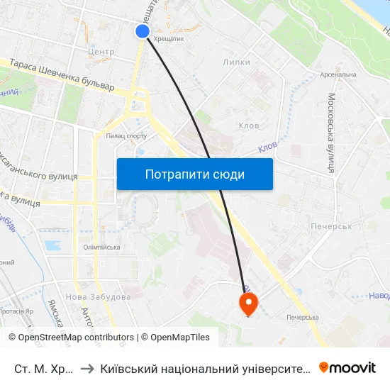 Ст. М. Хрещатик to Київський національний університет культури і мистецтв map