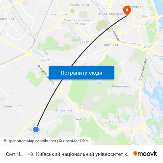 Смт Чабани to Київський національний університет культури і мистецтв map