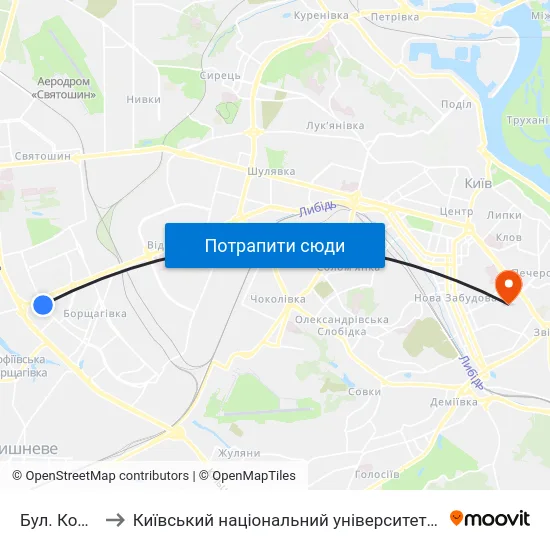 Бул. Кольцова to Київський національний університет культури і мистецтв map