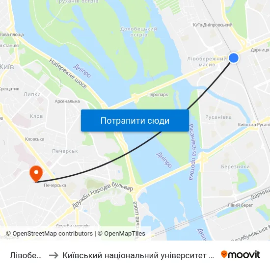 Лівобережна to Київський національний університет культури і мистецтв map