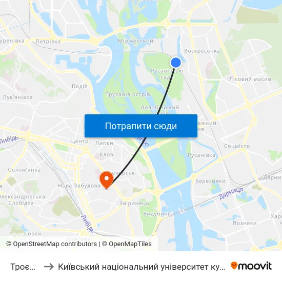 Троєщина to Київський національний університет культури і мистецтв map