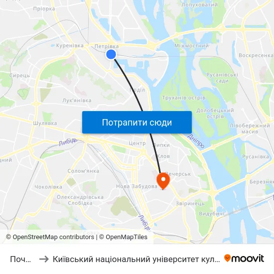 Почайна to Київський національний університет культури і мистецтв map