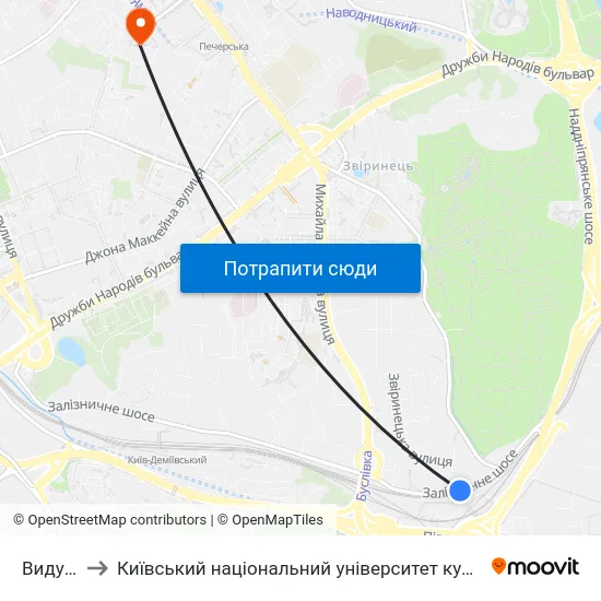Видубичі to Київський національний університет культури і мистецтв map