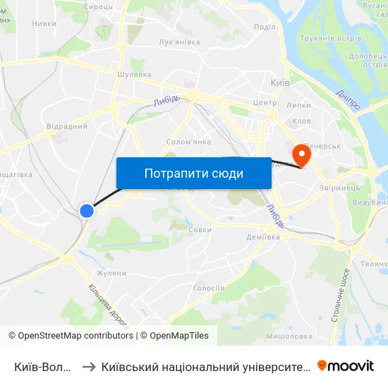 Київ-Волинський to Київський національний університет культури і мистецтв map