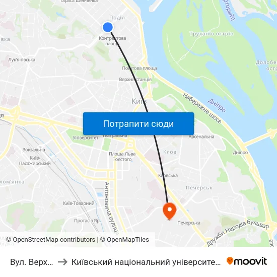 Вул. Верхній Вал to Київський національний університет культури і мистецтв map
