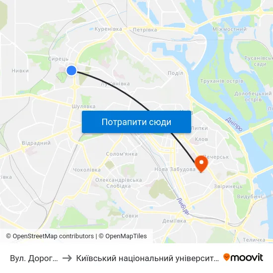 Вул. Дорогожицька to Київський національний університет культури і мистецтв map