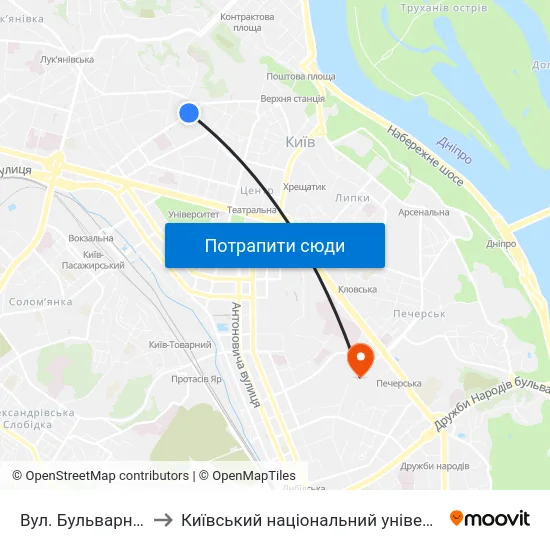 Вул. Бульварно-Кудрявська to Київський національний університет культури і мистецтв map