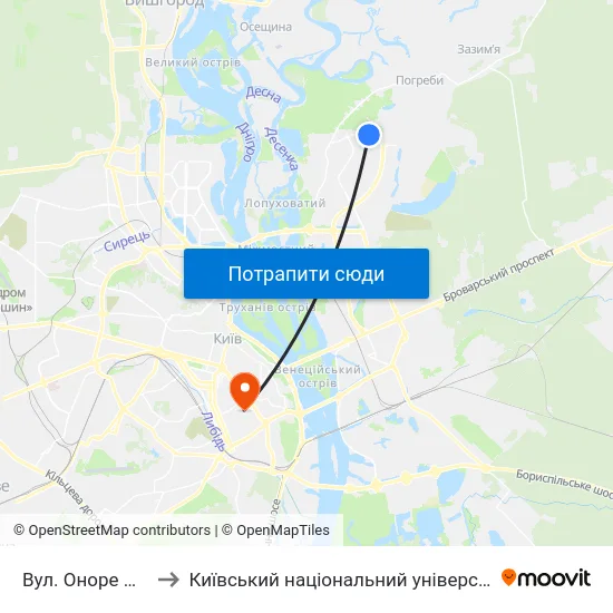 Вул. Оноре Де Бальзака to Київський національний університет культури і мистецтв map