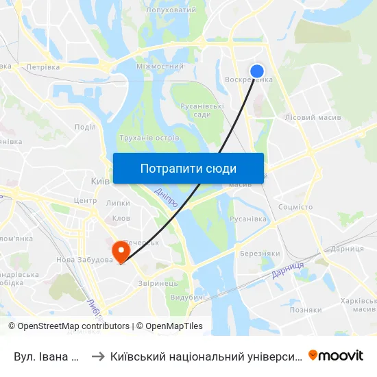 Вул. Івана Микитенка to Київський національний університет культури і мистецтв map