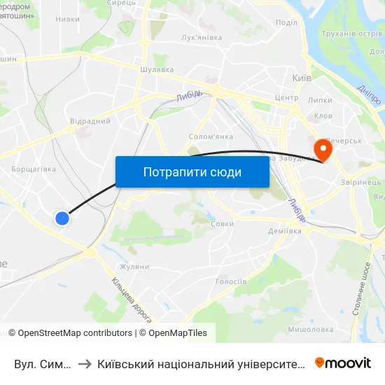 Вул. Симиренка to Київський національний університет культури і мистецтв map