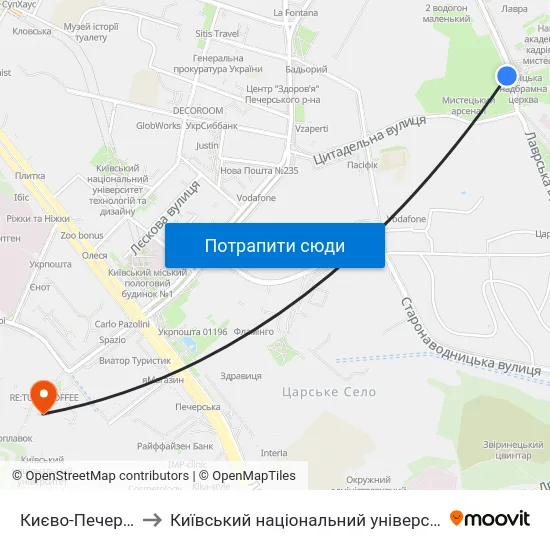 Києво-Печерська Лавра to Київський національний університет культури і мистецтв map